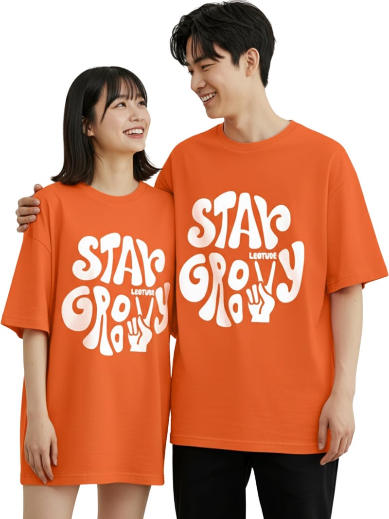 LEOTUDE Couple Combo Oversized T-Shirt Mens & Women’s Tshirt (PO2_FS49_ORG_GROVY_2XL_FS49_ORG_GROVY_S_Orange2) - Image 1