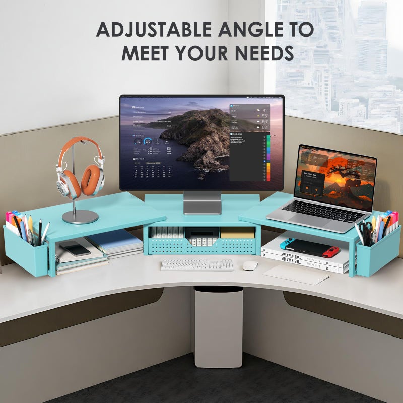 OPNICE Desk Organizers and Accessories, Dual Monitor Stand Riser with Drawer and 2 Pen Holders, Desk Shelf Metal Computer Monitor Stand for Office Workspace Organizers, Desktop Organization (Blue Metal) - Image 5