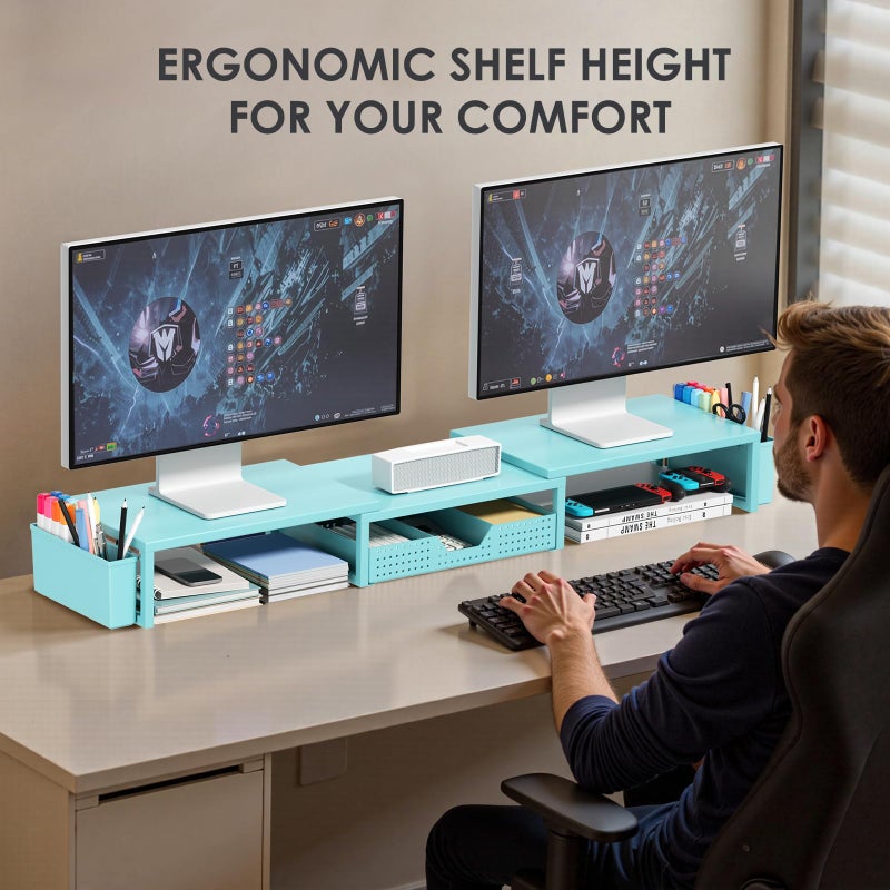 OPNICE Desk Organizers and Accessories, Dual Monitor Stand Riser with Drawer and 2 Pen Holders, Desk Shelf Metal Computer Monitor Stand for Office Workspace Organizers, Desktop Organization (Blue Metal) - Image 2