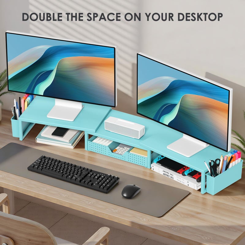 OPNICE Desk Organizers and Accessories, Dual Monitor Stand Riser with Drawer and 2 Pen Holders, Desk Shelf Metal Computer Monitor Stand for Office Workspace Organizers, Desktop Organization (Blue Metal) - Image 4