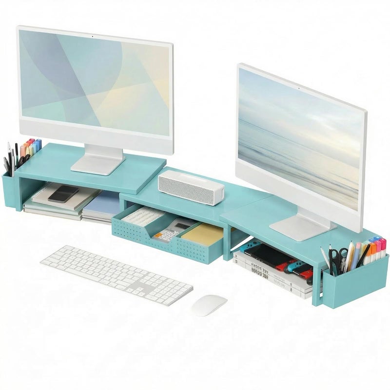 OPNICE Desk Organizers and Accessories, Dual Monitor Stand Riser with Drawer and 2 Pen Holders, Desk Shelf Metal Computer Monitor Stand for Office Workspace Organizers, Desktop Organization (Blue Metal) - Image 1