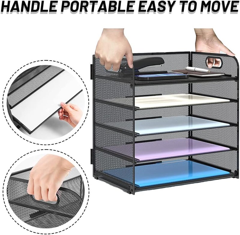 Spnor 5-Tray Paper Organizer Letter Tray with Handle - Mesh Desk File Organizer, Black Paper Sorter for Office, Home or School - Image 5