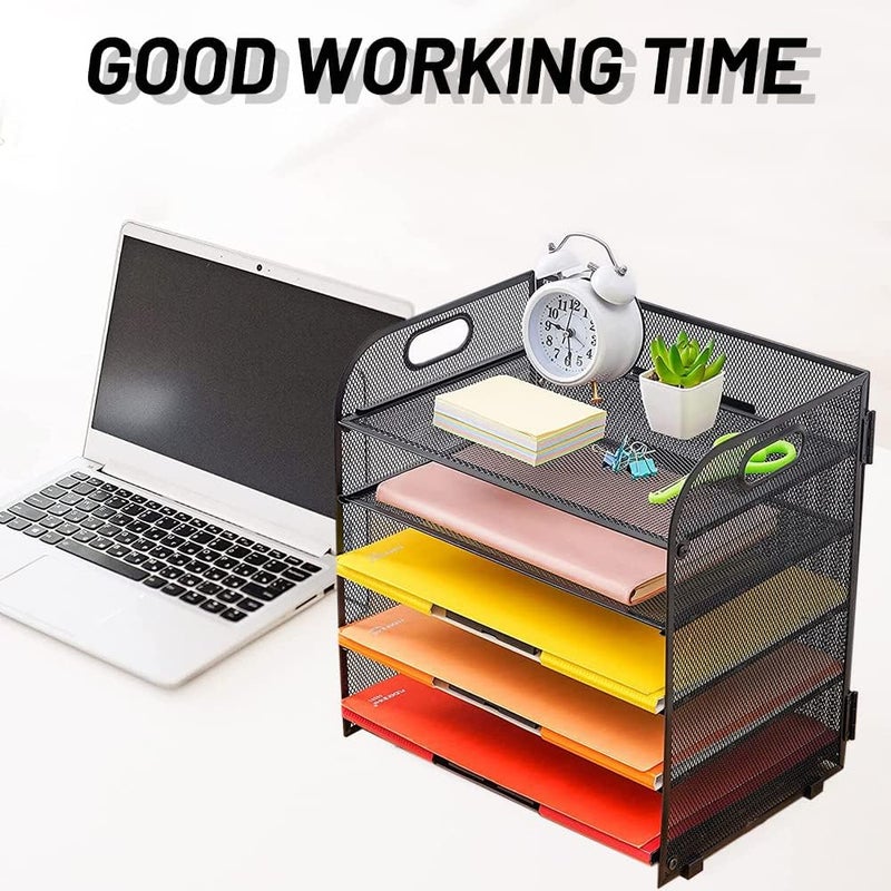 Spnor 5-Tray Paper Organizer Letter Tray with Handle - Mesh Desk File Organizer, Black Paper Sorter for Office, Home or School - Image 2