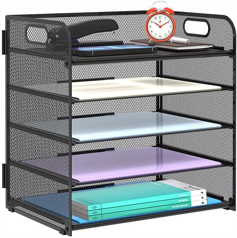 Spnor 5-Tray Paper Organizer Letter Tray with Handle - Mesh Desk File Organizer, Black Paper Sorter for Office, Home or School - Image 1