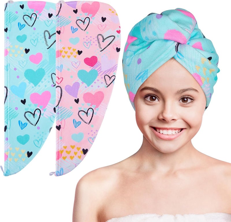 Basumee Microfiber Hair Towel Wrap for Kids 2 Pack Rapid Drying Hair Towel with Button Hair Turbans for Wet Hair Wraps Head Towel Wrap for Women and Girls Blue