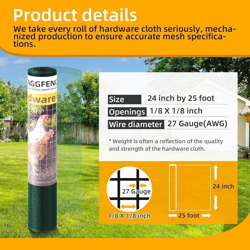 AggFencer 24in x 25ft Green Hardware Cloth 1/8 inch 27Ga PVC Coated Wire Mesh Vinyl Coated Galvanized Wire Mesh Screen Roll, Welded Metal Chicken Wire Fencing, for Garden Plant Fencing Bee Screen - Image 2