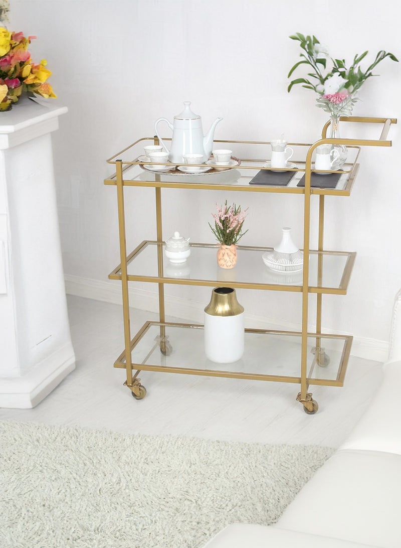 Golden serving cart, 3 levels, clear glass