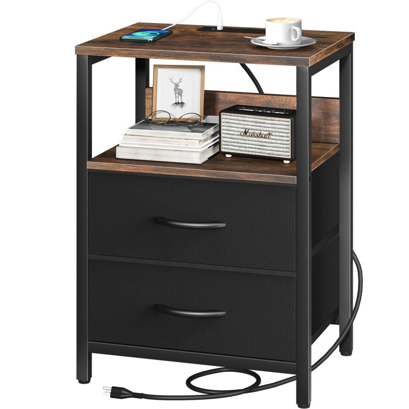 Yoobure Nightstand with Charging Station, Small Night Stand with Fabric Drawers and Storage Shelf for Bedrooms, Nightstands for Small Spaces, Bedside Table with USB Ports & Outlets, Bed Side Table - Image 1