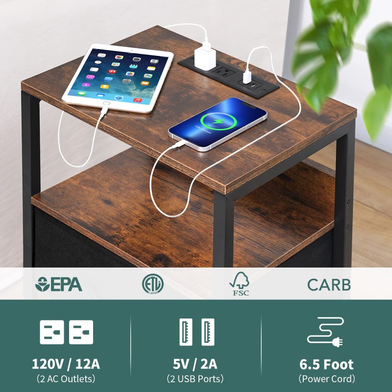 Yoobure Nightstand with Charging Station, Small Night Stand with Fabric Drawers and Storage Shelf for Bedrooms, Nightstands for Small Spaces, Bedside Table with USB Ports & Outlets, Bed Side Table - Image 5