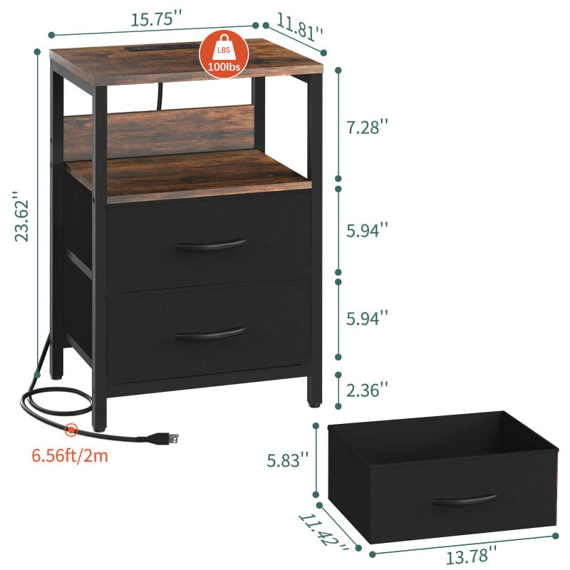 Yoobure Nightstand with Charging Station, Small Night Stand with Fabric Drawers and Storage Shelf for Bedrooms, Nightstands for Small Spaces, Bedside Table with USB Ports & Outlets, Bed Side Table - Image 4