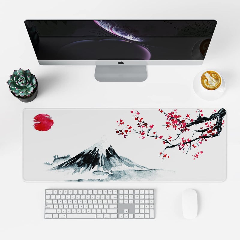 ETZ Japanese Cherry Blossom White Mouse Pad (31.5 × 11.8 × 0.12 inch) Extended Large Mouse Mat Desk Pad, Stitched Edges Mousepad,Non-Slip Rubber Base,Gaming Mouse Pad XL,Office & Home. - Image 2