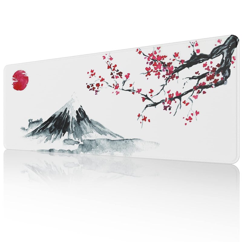 ETZ Japanese Cherry Blossom White Mouse Pad (31.5 × 11.8 × 0.12 inch) Extended Large Mouse Mat Desk Pad, Stitched Edges Mousepad,Non-Slip Rubber Base,Gaming Mouse Pad XL,Office & Home. - Image 1