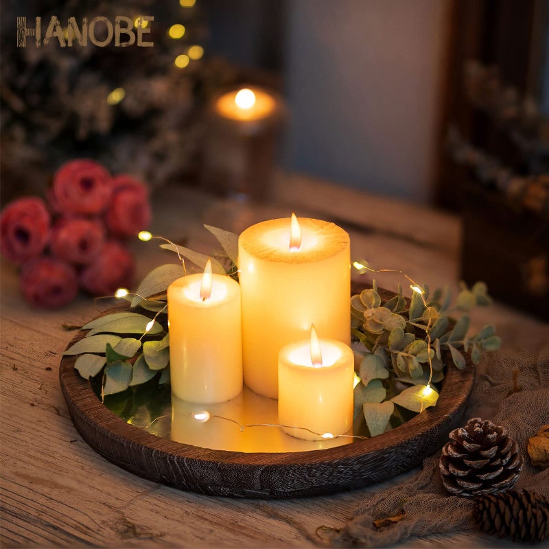 Hanobe Round Wood Decorative Tray: Rustic Wooden Trays for Coffee Table Farmhouse Centerpiece - Vintage Mirror Candle Tray for Home Decor Ottoman Bathroom Kitchen Organizer - Image 3