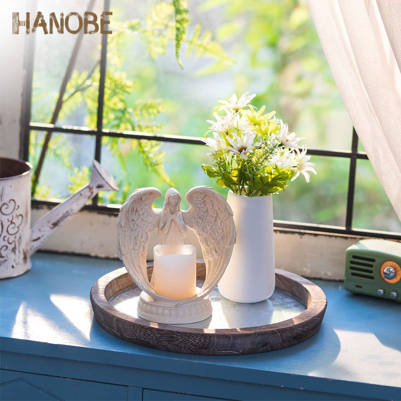 Hanobe Round Wood Decorative Tray: Rustic Wooden Trays for Coffee Table Farmhouse Centerpiece - Vintage Mirror Candle Tray for Home Decor Ottoman Bathroom Kitchen Organizer - Image 2
