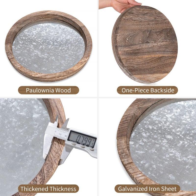 Hanobe Round Wood Decorative Tray: Rustic Wooden Trays for Coffee Table Farmhouse Centerpiece - Vintage Mirror Candle Tray for Home Decor Ottoman Bathroom Kitchen Organizer - Image 5