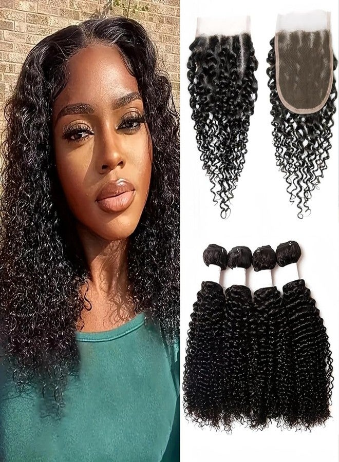 Risbaer Mongolian Kinkys Curly Hair with 4x4 Lace Closure Human Hair 4Bundles with Lace Closure Deep Curly Human Hair Bundles with Closure(10/10/10/10+10") - Image 1