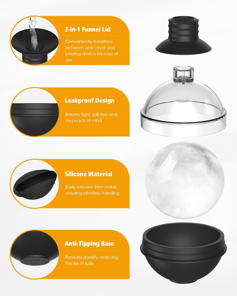 TriLink Large Round Ice Ball Maker Mold Silicone for Whiskey - Set of 4 with 2-in-1 Funnel Lid - 2.4 Inch Big Sphere Ice Mold for Cocktails Bourbon - Easy Release - Perfectly Round Ice Cube Tray - Image 3