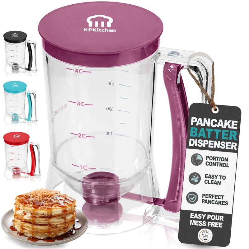 Pancake Batter Dispenser  Kitchen Must Have Tool for Perfect Pancakes Cupcake Waffle Muffin Mix Cake  Crepe  Easy Pour Baking Supplies for Griddle  Pancake Maker with Measuring Label Purple