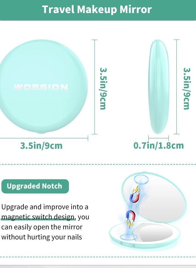 wobsion مرآة مكياج سفر مضاءة LED، تكبير 1x/10x، مدمجة، محمولة لحقيبة اليد، المحفظة، الجيب، 3.5 بوصة مضاءة، قابلة للطي، محمولة باليد، مزدوجة الجوانب، دائرية، سماوي - Image 3