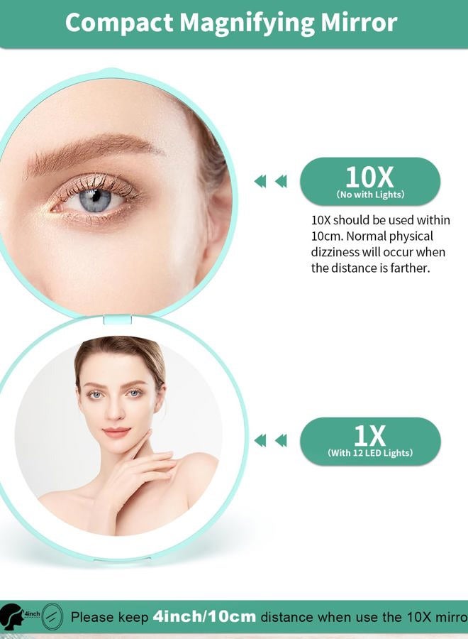 wobsion مرآة مكياج سفر مضاءة LED، تكبير 1x/10x، مدمجة، محمولة لحقيبة اليد، المحفظة، الجيب، 3.5 بوصة مضاءة، قابلة للطي، محمولة باليد، مزدوجة الجوانب، دائرية، سماوي - Image 2