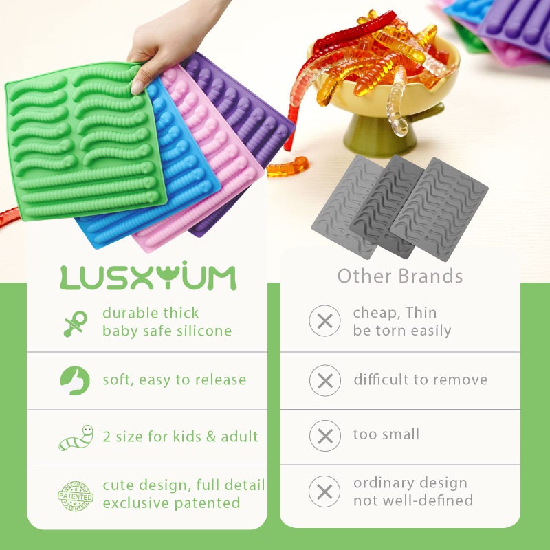 LUSHYUM قوالب ديدان مطاطية من لوشيوم سيليكون 6 مل 14 مل، 4 قطع قوالب ديدان كبيرة غير لاصقة للشوكولاتة والحلويات المطاطية 60 تجويف مع 2 قطارة وفرشاة، هدية مثالية للأطفال والبالغين في حفلة الهالوين - Image 4