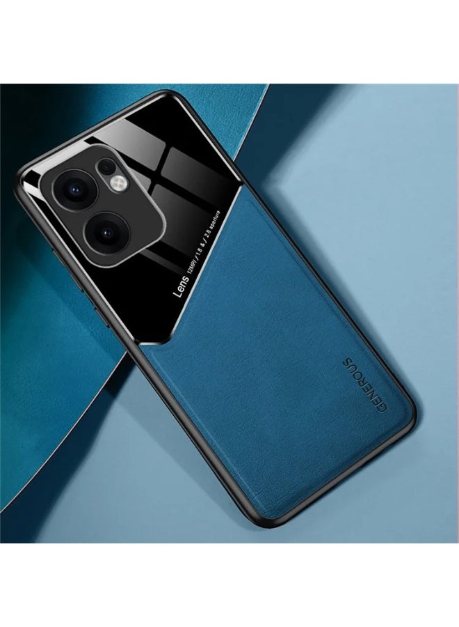 Case Compatible With Oppo Reno 13F Cover Luxury Leather And Glass With Car Magnetic Holder Phone Cover Soft Frame Silicone - Blue - Image 1