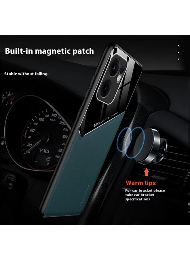 Case Compatible With Oppo Reno 13F Cover Luxury Leather And Glass With Car Magnetic Holder Phone Cover Soft Frame Silicone - Blue - Image 4