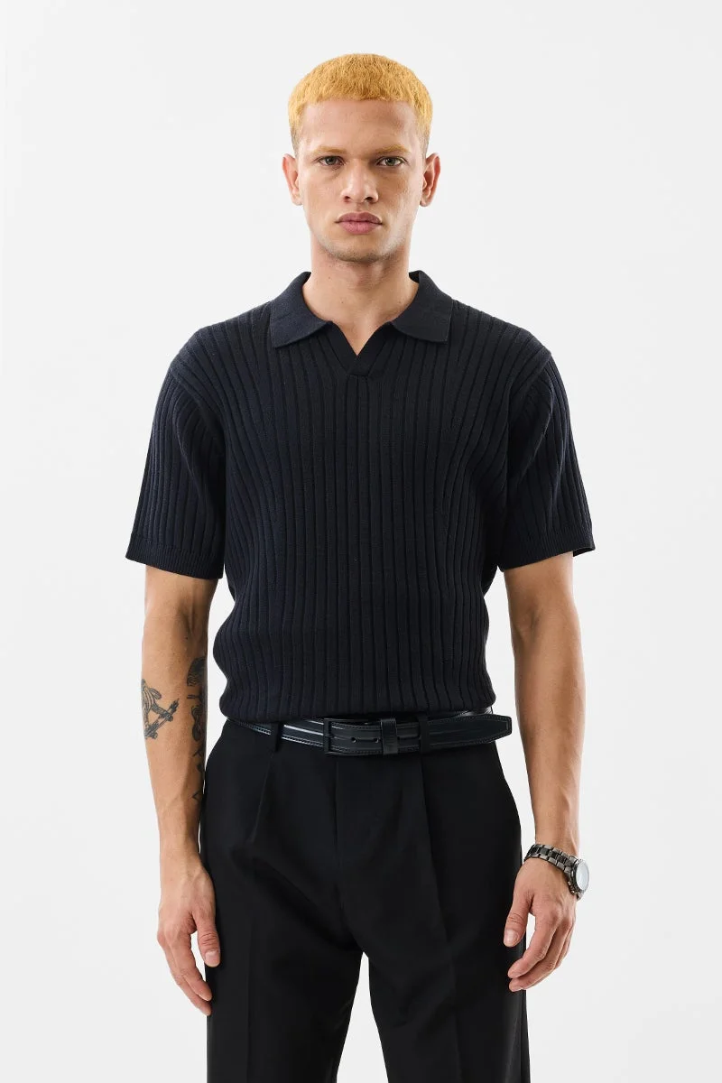 سنيتش Black Ribbed Half Sleeve Slim Fit T-Shirt