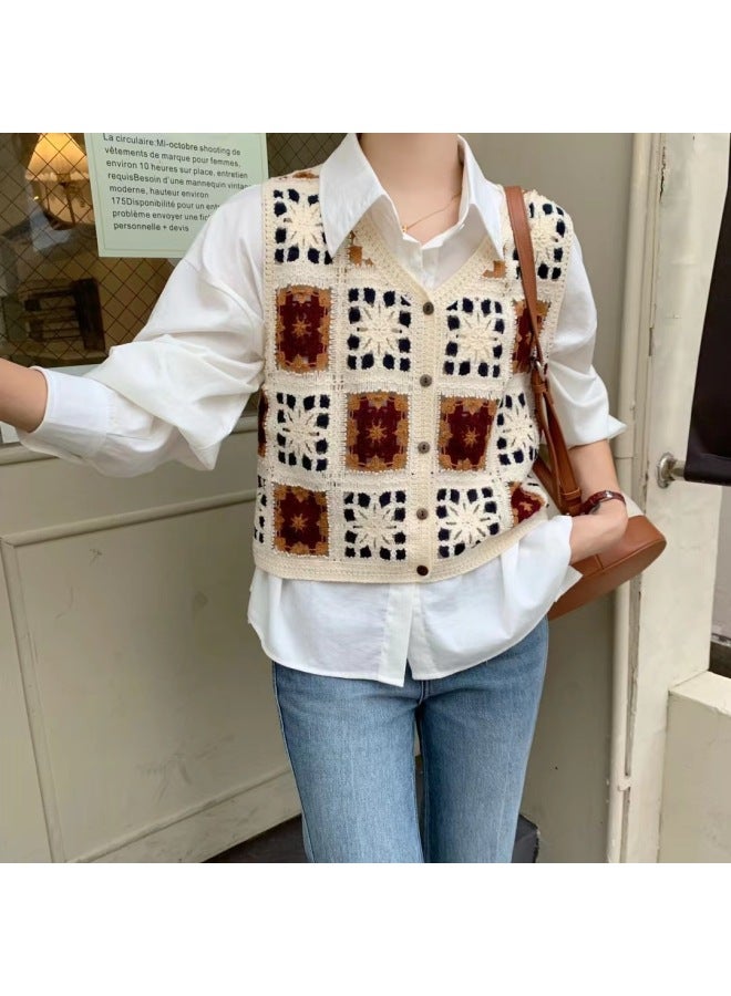 Hong Kong-style Western-style Fashion Crochet Hollow Sleeveless Vest Women's Winter V-neck Loose Slim-fit Striped Top
