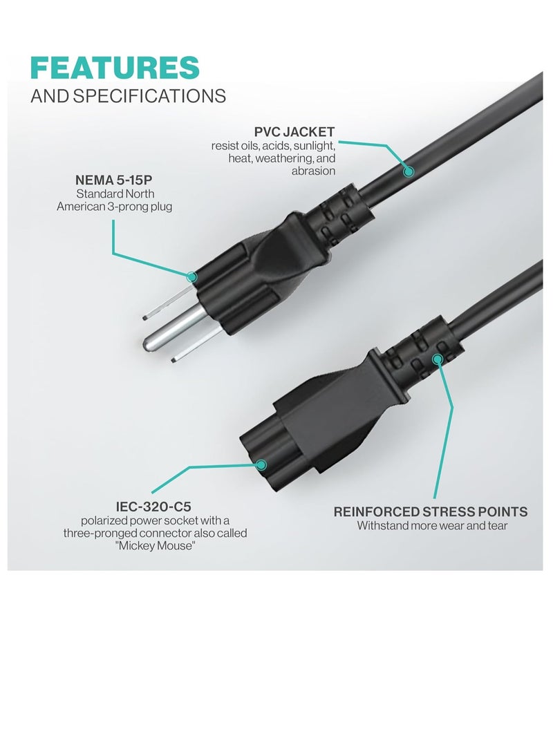 Bukela 3 Prong AC Laptop Power Cord 5Ft Universal, Power Cable, 125V, for Dell HP LG Lenovo Asus Acer Toshiba Sony Laptops, Notebooks, Monitors, Printers, Scanners NEMA 5-15P to C5 Power Cable  - Image 4