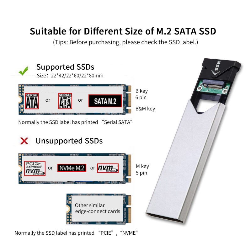 SSK Aluminum USB 3.2 Gen 1 to M.2 SATA NGFF SSD Enclosure Adapter, External SATA Based M.2 Solid State Drive Enclosure Reader (for M.2 SATA SSD only) - Image 2