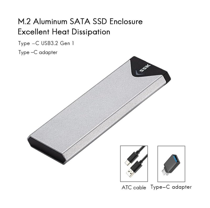 SSK Aluminum USB 3.2 Gen 1 to M.2 SATA NGFF SSD Enclosure Adapter, External SATA Based M.2 Solid State Drive Enclosure Reader (for M.2 SATA SSD only) - Image 3