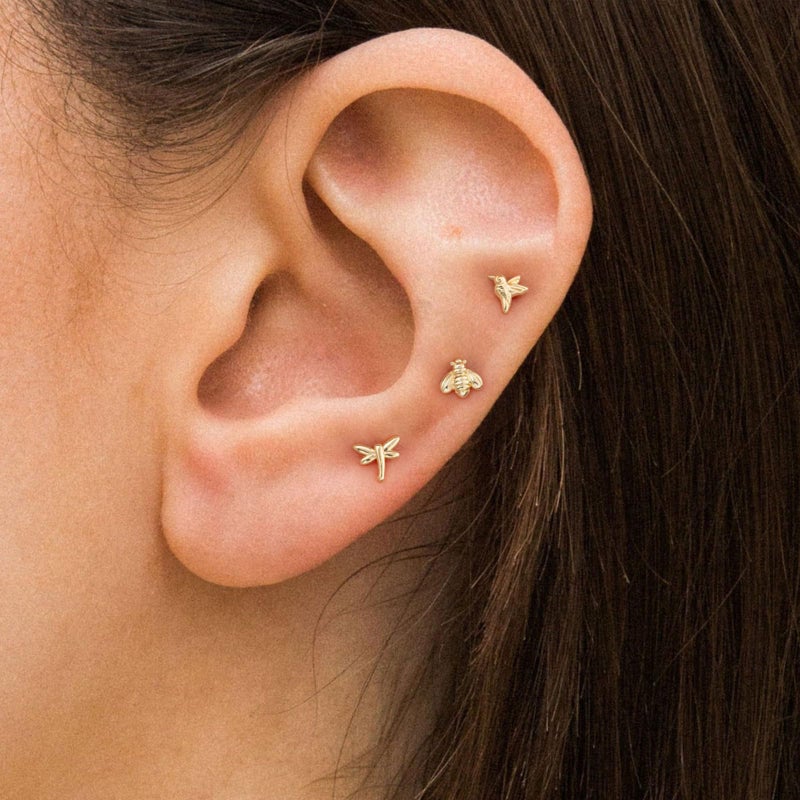 VRIUA Hypoallergenic Flat Back Earrings for Women - 14K Gold Plated Small Hummingbird Bee Dragonfly Gold Flat Back Stud Earrings Cartilage Helix Piercing Jewelry - Image 3