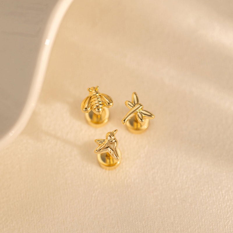 VRIUA Hypoallergenic Flat Back Earrings for Women - 14K Gold Plated Small Hummingbird Bee Dragonfly Gold Flat Back Stud Earrings Cartilage Helix Piercing Jewelry - Image 5