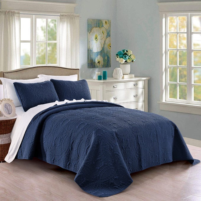 QUILT SET FULLQUEEN SIZE NAVY OVERSIZED BEDSPREAD SOFT MICROFIBER LIGHTWEIGHT COVERLET FOR ALL SEASON 3 PIECE INCLUDES 1 QUILT AND 2 SHAMS GEOMETRIC PATTERN