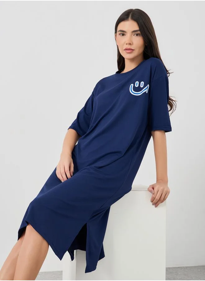 Take Two Take Two Graphic Print Short Sleeve Side Slit Nightdress