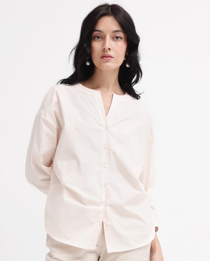 ريريزم Women's Cotton Shirt With Round Neck And Cuffed Sleeves