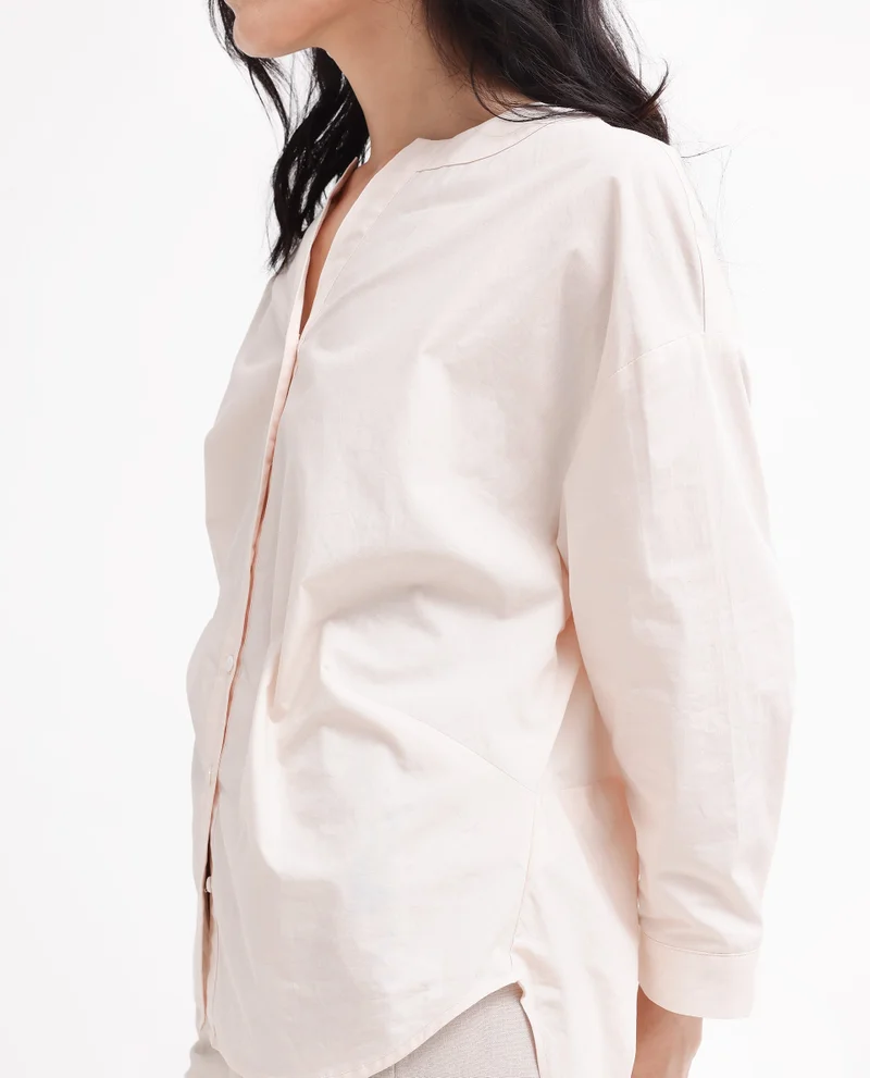 ريريزم Women's Cotton Shirt With Round Neck And Cuffed Sleeves