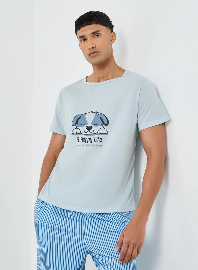 ستايلي Styli Men Light Blue Graphic T-Shirt and Striped Shorts Set