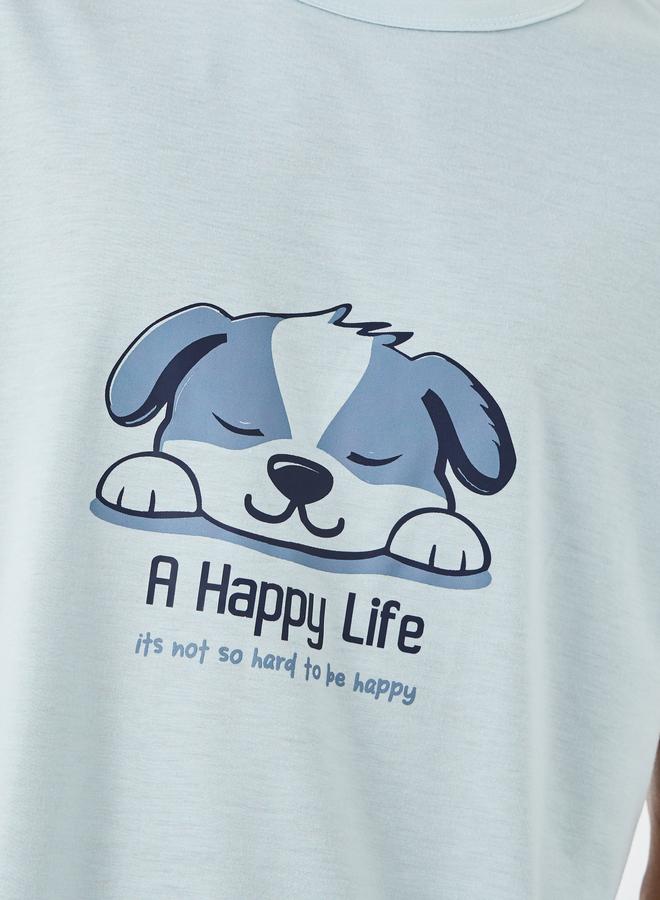 ستايلي طقم تي شيرت رجالي أزرق فاتح برسومات وشورت مخطط - Image 3