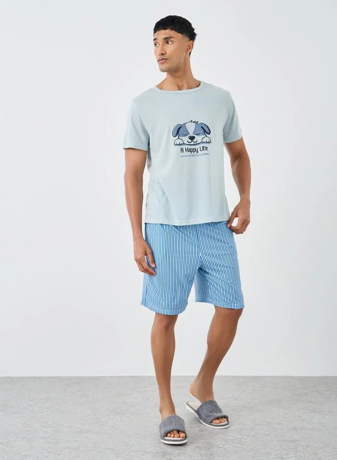 ستايلي Styli Men Light Blue Graphic T-Shirt and Striped Shorts Set