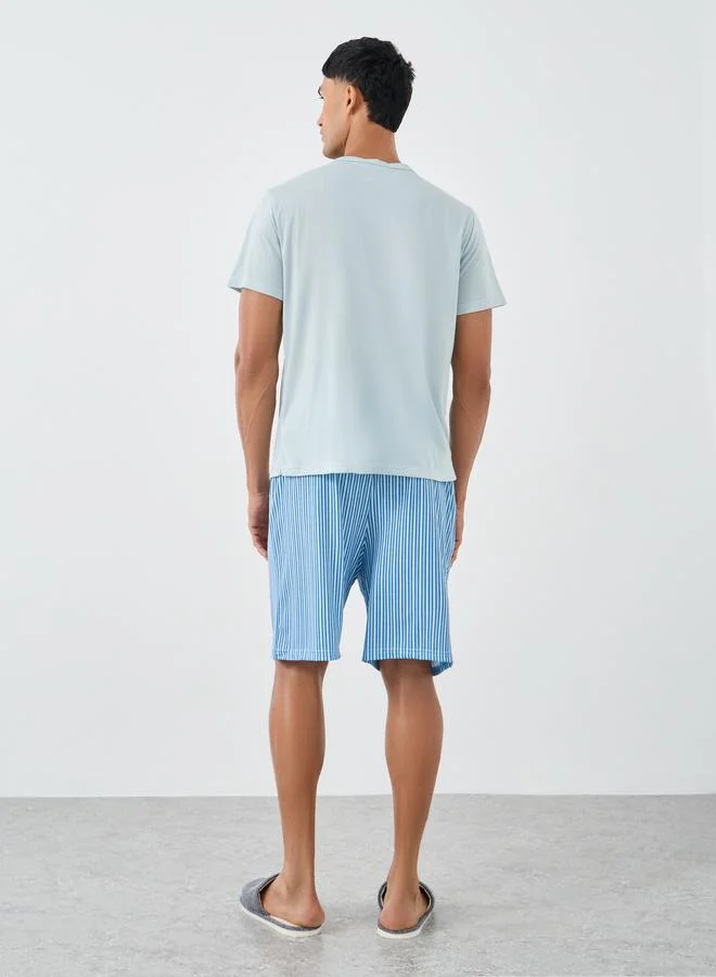 Styli Styli Men Light Blue Graphic T-Shirt and Striped Shorts Set