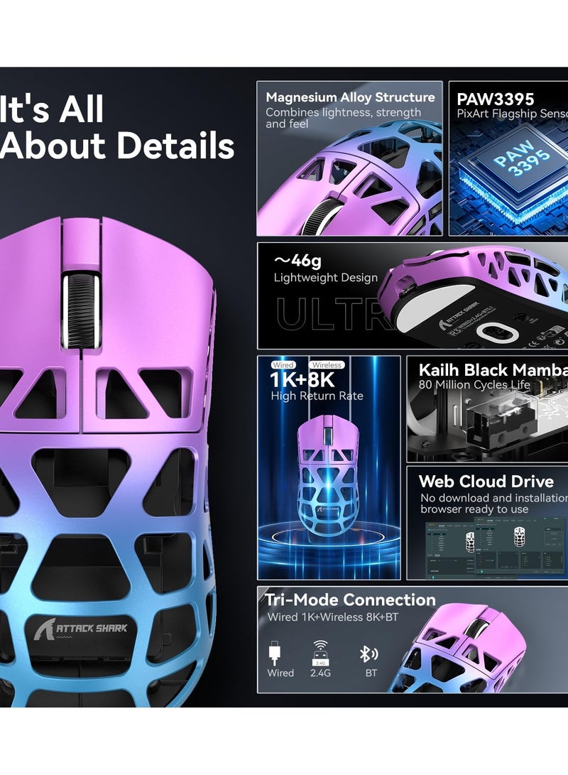 Attack Shark R3 46g Superlight Magnesium Alloy Wireless Gaming Mouse, BT/2.4Ghz/Wired Computer Mouse, 8000Hz Wireless Polling Rate, PAW3395 26K DPI Optical Sensor Programmable Mice for Win/Mac - Image 2