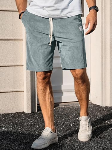 PLEPAN Mens Corduroy Shorts Casual 7 Inch Inseam Elastic Waist Drawstring Summer Beach Short Light Blue Large - Image 2