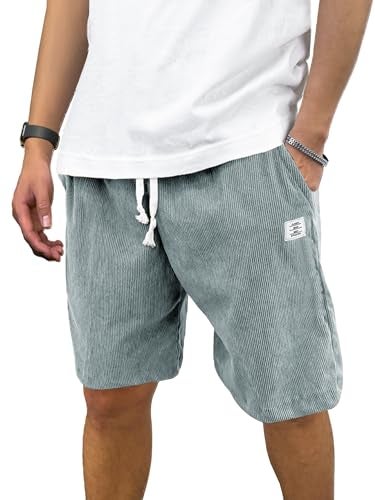 PLEPAN Mens Corduroy Shorts Casual 7 Inch Inseam Elastic Waist Drawstring Summer Beach Short Light Blue Large - Image 1