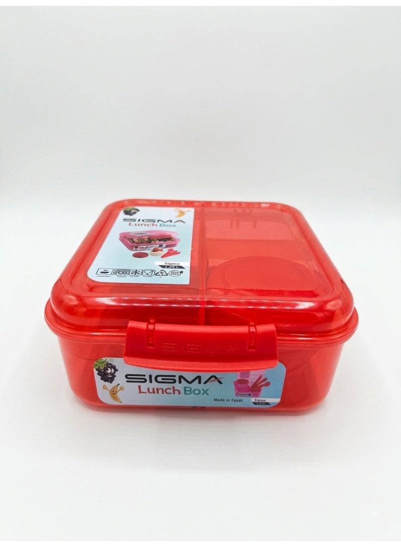 SIGMA Multi-Compartment Kids & Adults Lunch Box (1.25L) with Cutlery Set & Sauce Container – Red - Image 1