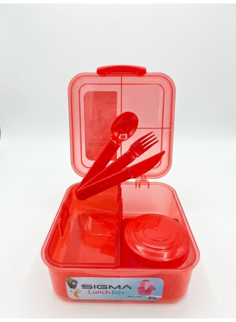 SIGMA Multi-Compartment Kids & Adults Lunch Box (1.25L) with Cutlery Set & Sauce Container – Red - Image 2