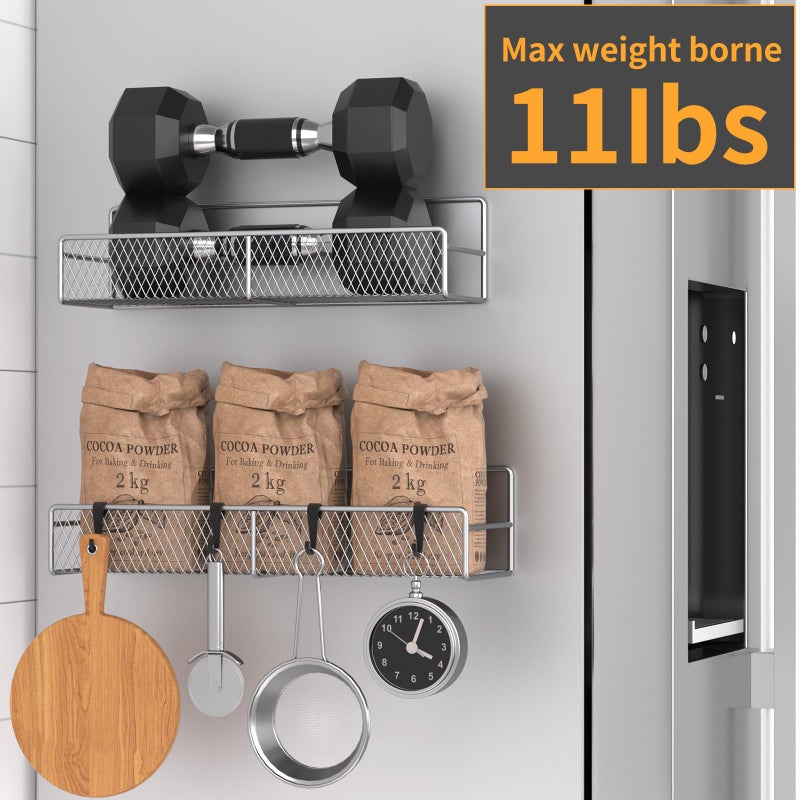DTUQYX Magnetic Spice Rack for Refrigerator, 2 Pack 100% Metal Strong Magnet Shelf, Space Saving Spice Organizer W/ Hooks, Movable Magnetic Fridge Shelf, Kitchen Home Laundry Room Storage Organization, Grey - Image 4