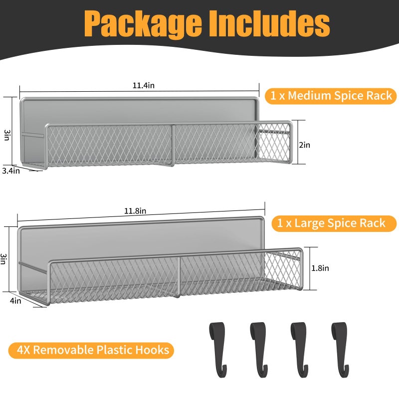 DTUQYX Magnetic Spice Rack for Refrigerator, 2 Pack 100% Metal Strong Magnet Shelf, Space Saving Spice Organizer W/ Hooks, Movable Magnetic Fridge Shelf, Kitchen Home Laundry Room Storage Organization, Grey - Image 2