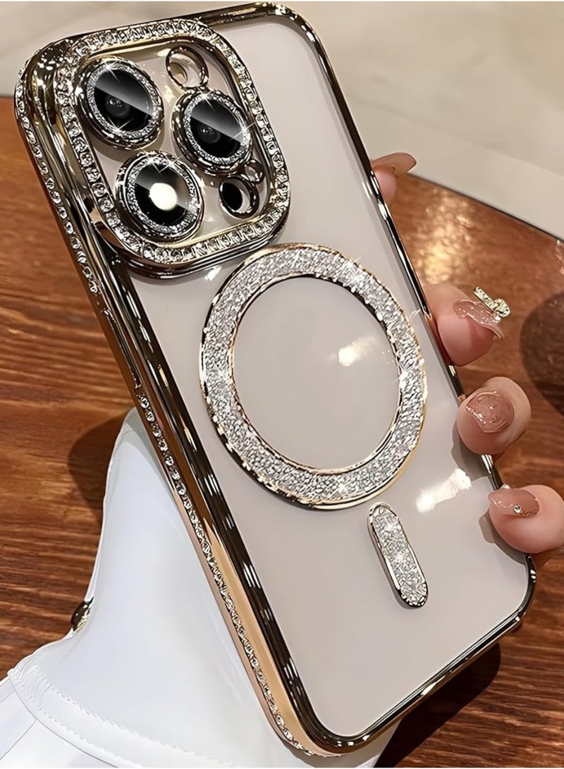 Compatible with iPhone 16 Pro Max Mobile Phone Case, Diamond Glitter Sequins Mag-Safe Magnetic Transparent Protective Case, Soft TPU Thin Shockproof Cover Shiny Rhinestone Case, Gold